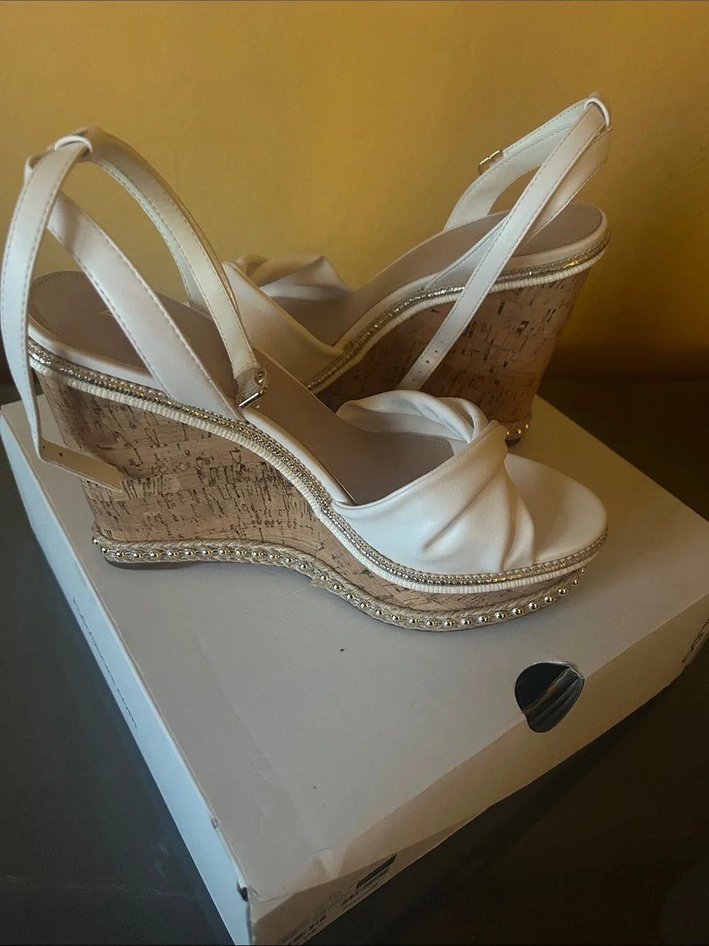 Aldo White Knotted Slingback Cork Wedge Sandals with Rhinestone Trim